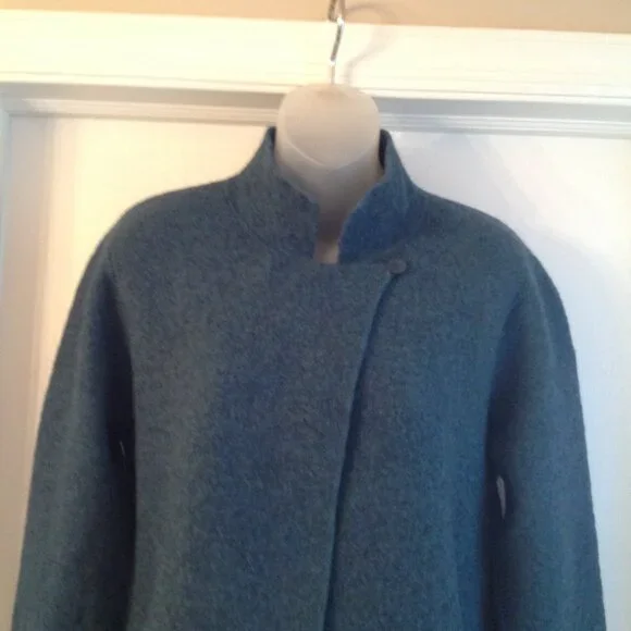 Eileen Fisher Boiled Wool Hi Neck Asymmetrical Cropped Blazer Jacket M - Picture 2 of 9